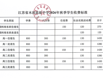 江苏省木渎高级中学2026年秋季学生收费标准公示